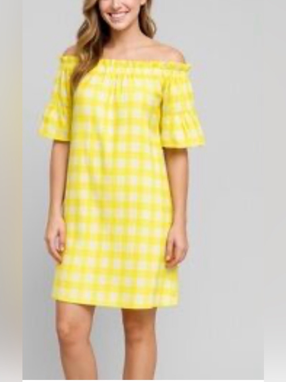 Brooke Wright - Olivia Vibrant Yellow Gingham Plaid Off Shoulder Dress XS/Small